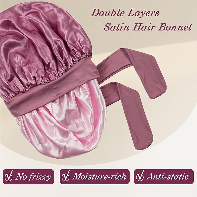 YOHTAS Satin Hair Bonnet for Sleeping Women, Double Layer Silk Bonnets for Women with Tie Band, for Braids Curly Long Hair