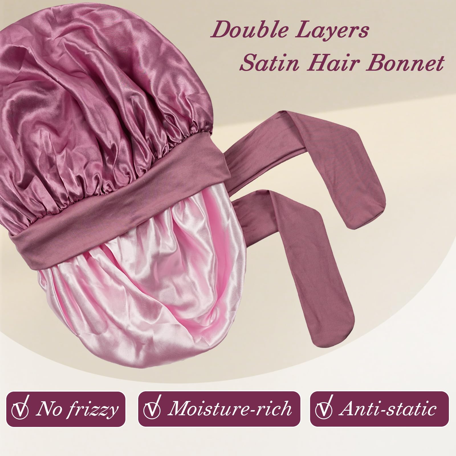 YOHTAS Satin Hair Bonnet for Sleeping Women, Double Layer Silk Bonnets for Women with Tie Band, for Braids Curly Long Hair
