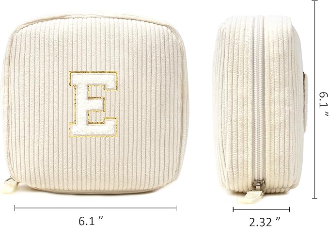 Cute Monogram Personalized Initial Makeup Bag - Cosmetic Pouch Make Up Case for Women's Best Friend, Sister, Teacher, Birthday Gifts (Letter E, Beige)