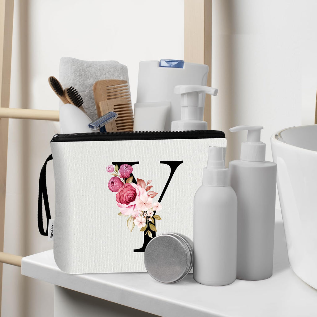Vavabox A-Z Personalized Makeup Bag, Birthday Gifts for Women Mom, Gifts for Best Friend, Bride Bridesmaid Cosmetic bag (Y, 03-White Set)