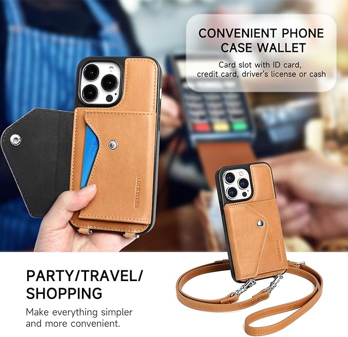 LUCKYCOIN Crossbody Phone Case for iPhone 14 Pro,100% Genuine Leather Phone Wallet Case for Women, Premium Hands-Free Phone Purse with Expandable Flip Card Holder & Adjustable Strap - Retro Tan