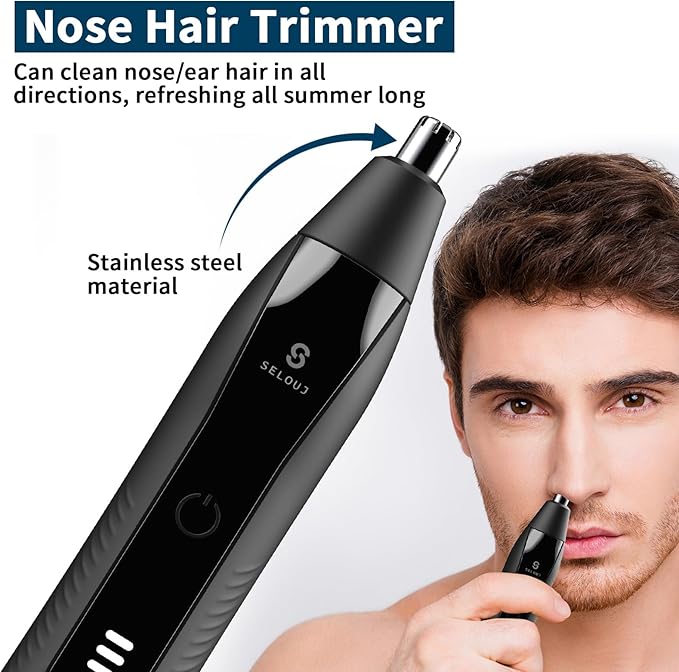 Selouj Ear and Nose Hair Trimmer for Men, 2026 Professional Painless USB Rechargeable Eyebrow & Facial Electric Hair Trimmer for Men Women, Powerful Motor, Dual Edge Blades, IPX7 Waterproof, Cool Gray
