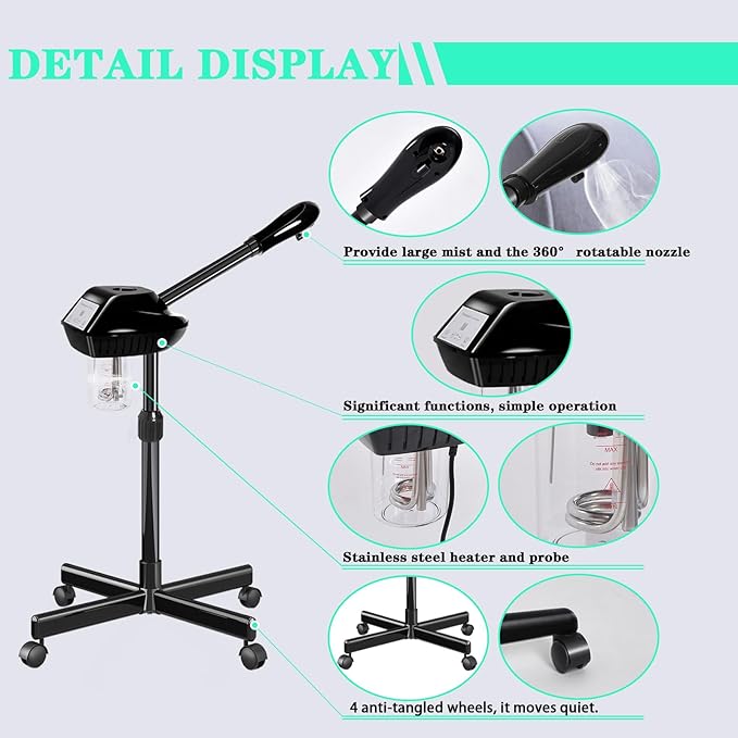 Facial Steamer Professional with More Steam for Deep Cleansing and Hydration, Face Steamer on Wheels with Time Setting, Estheticians Steamer Adjustable Height for Beauty, Spa and Home Use