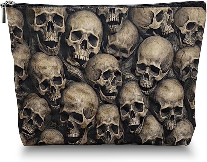 Scribesense Makeup Bag Travel Cosmetic Bags Small Makeup Case Waterproof Zipper Pouch for Women Girls 7X9inches - Array of Human Skulls in A Dark Setting
