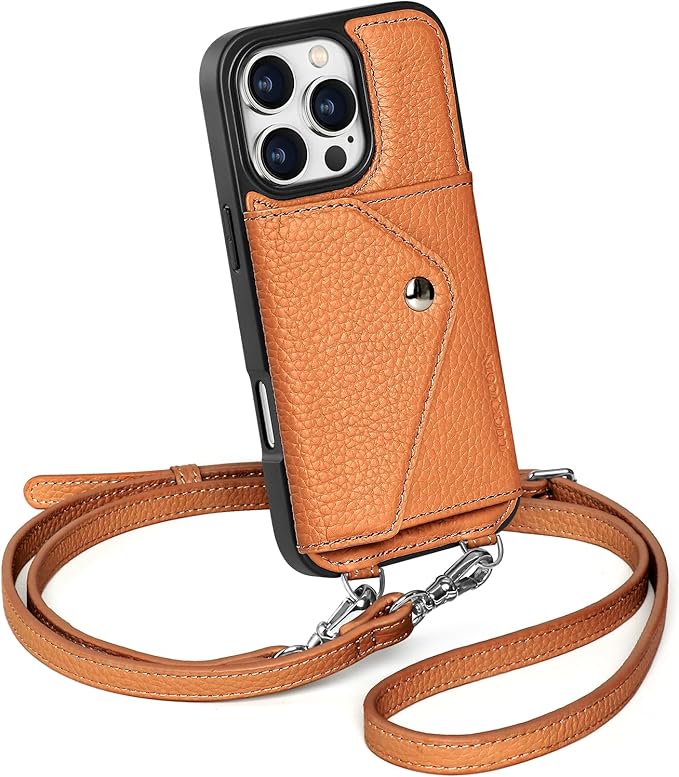 LUCKYCOIN Crossbody Phone Case for iPhone 16 Pro,100% Genuine Leather Phone Wallet Case for Women, Premium Hands-Free Phone Purse with Expandable Flip Card Holder & Adjustable Strap - Pebble Brown