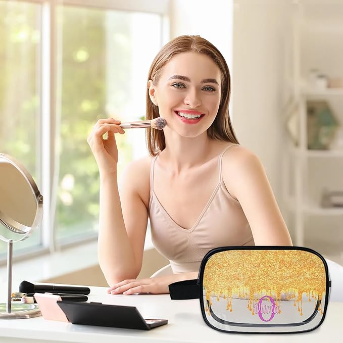 KFNHN Personalized Clear Makeup Bag with Name, Best Friends Teen Women Mom Birthday Gift PVC Cosmetic Toiletry Travel Bag for Toiletries, Gold Color Bling Glittering