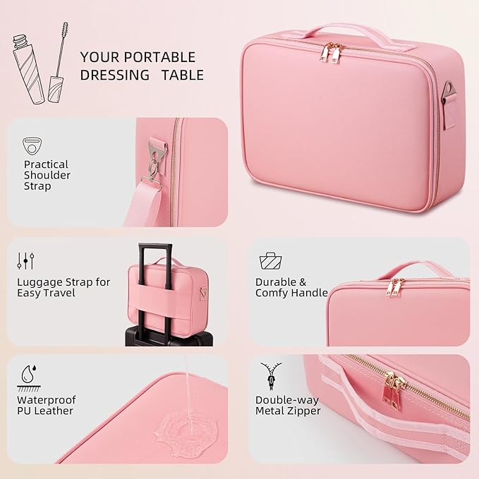 Suupvaor Upgraded Large Travel Makeup Bag with LED Mirror, 15” Makeup Case