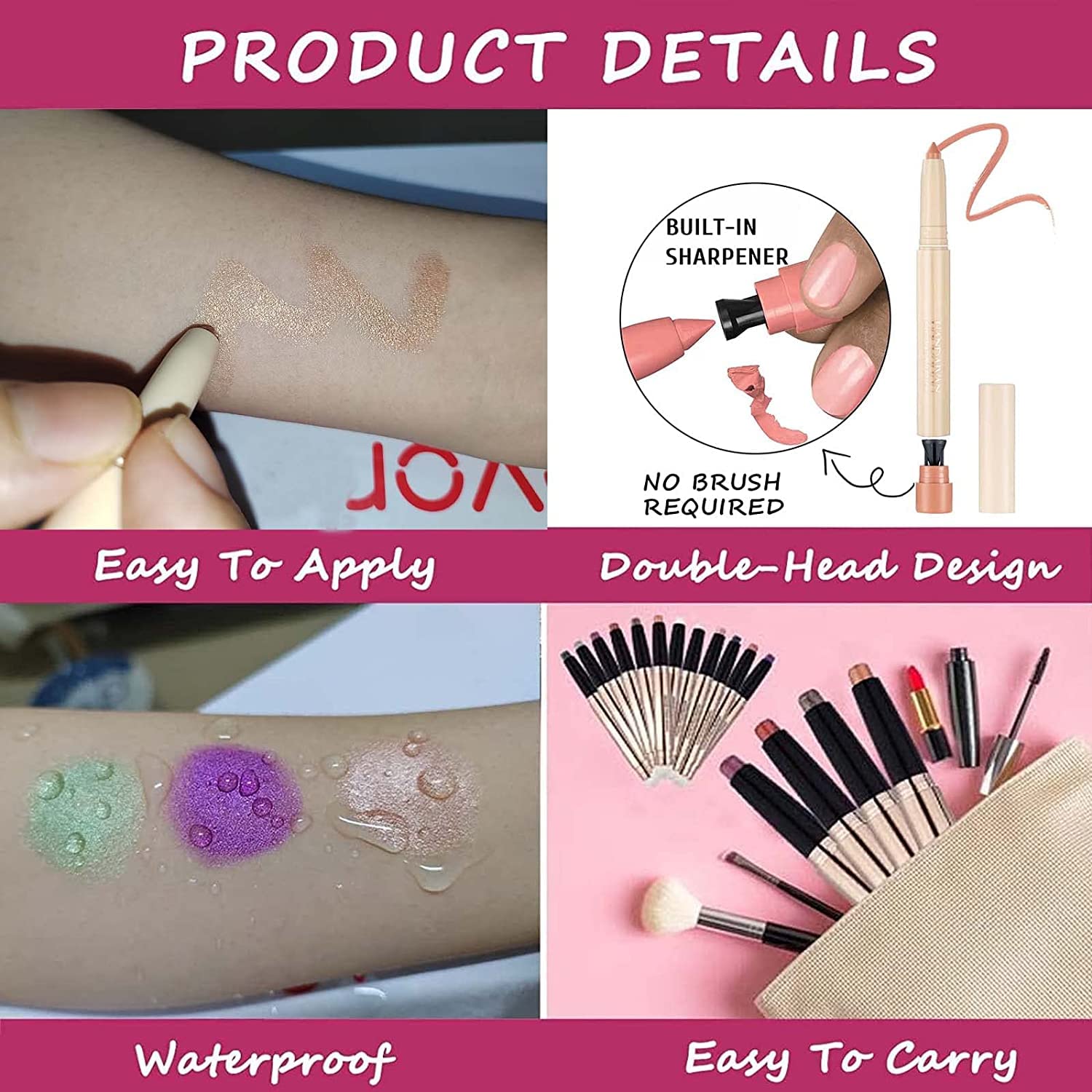 SAUBZEAN Eyeshadow Pencil Makeup, Waterproof Hypoallergenic Long Lasting Crayon, Highlighter Matte Cream Eye Shadow Stick, Glitter Primer Palette Shimmer Eyeliner Pen, Enthusiasm Matte
