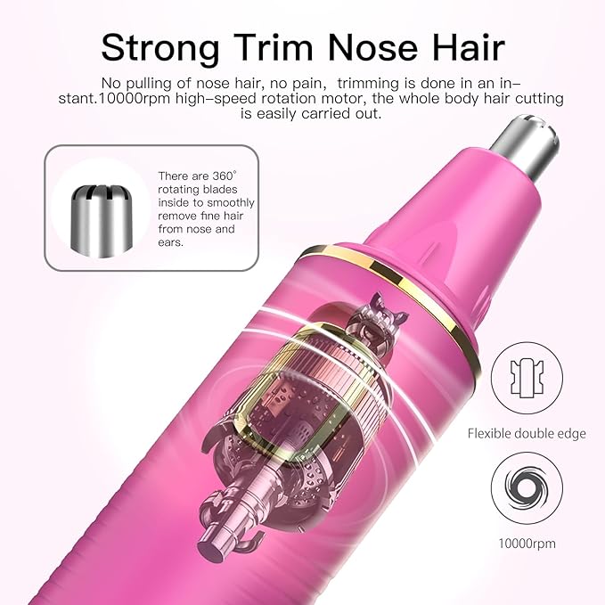 XOOMRSCP Nose Hair Trimmers for Women Men，Rechargeable Hair Trimmer 2 in 1 Painless Multifunctional Ear and Nose Hair Trimmer with IPX7 Waterproof Dual Edge Blades (Rose)