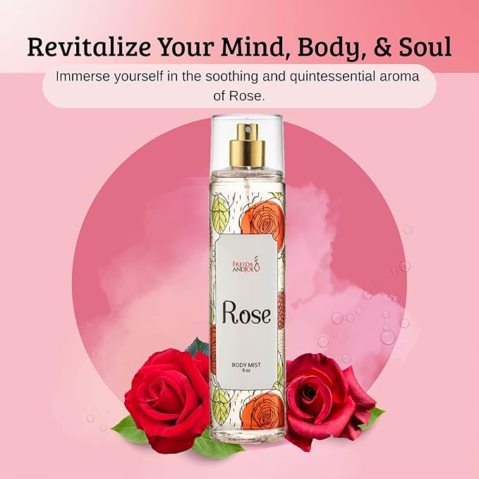 Freida and Joe Rose Elegance Fine Fragrance Body Mist Spray Capturing Timeless Allure of Blooming Roses, 8 oz Spray Bottle Ideal for Gifting, Stocking Stuffer – Mother's Day Gift for Mom