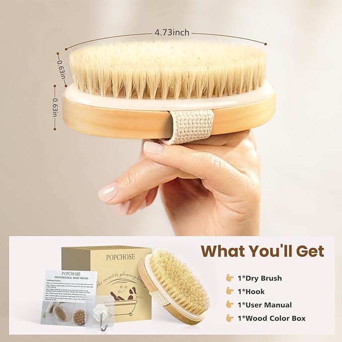 POPCHOSE Dry Brushing Body Brush, Natural Boar Bristle Exfoliating Brush