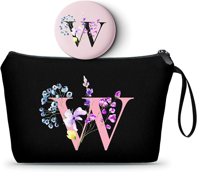 SEAMOON A-Z Personalized Gifts for Women, Small Makeup Bag with Mirror, W