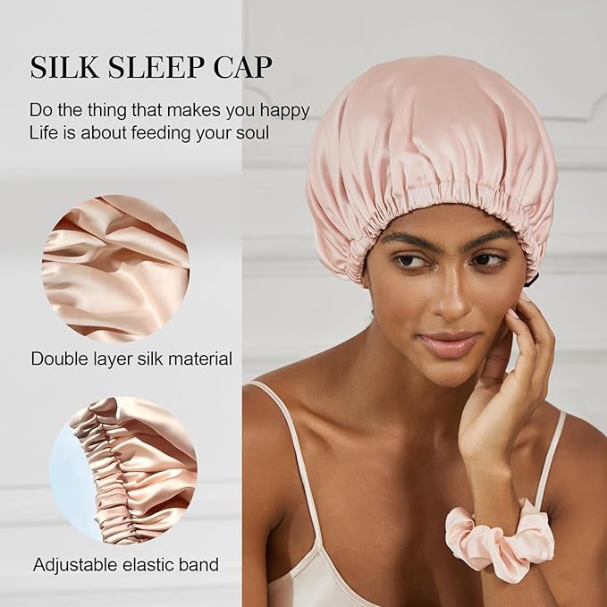 Satin Bonnet Silk Bonnet for Sleeping Women Double Layer Hair Bonnet Wrap Sleep Cap Gifts for Women Curly Hair Champagne