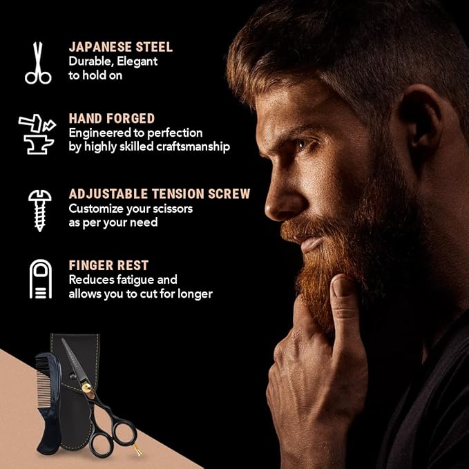 Ontaki Beard & Mustache Scissors & Combs - 5.5" Japanese Steel, Black
