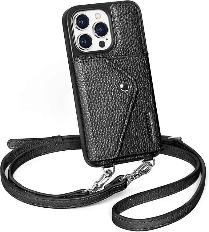 LUCKYCOIN Crossbody Phone Case for iPhone 15 Pro,100% Genuine Leather Phone Wallet Case for Women, Premium Hands-Free Phone Purse with Expandable Flip Card Holder & Adjustable Strap - Pebble Black