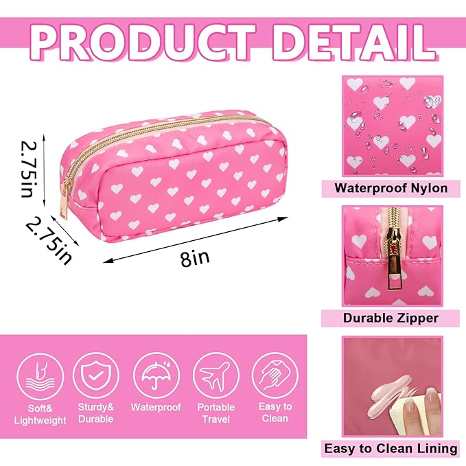 Small Pencil Case Makeup Bag for Purse, Cute Pencil Pouch Preppy Nylon Makeup Brush Bag with Zipper, Girls Portable Stationery Storage Case Small Pen Bag for Office School College(Slim-Pink Heart)