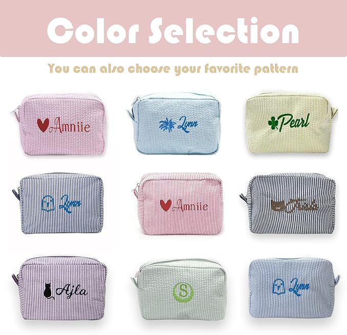 jcyif Custom Makeup Bag Personalized Cosmetic Bag Cute Seersucker Travel Toiletry Bag for Women Embroidered Bag Organizer for Bride Makeup Bag Gift Darkblue