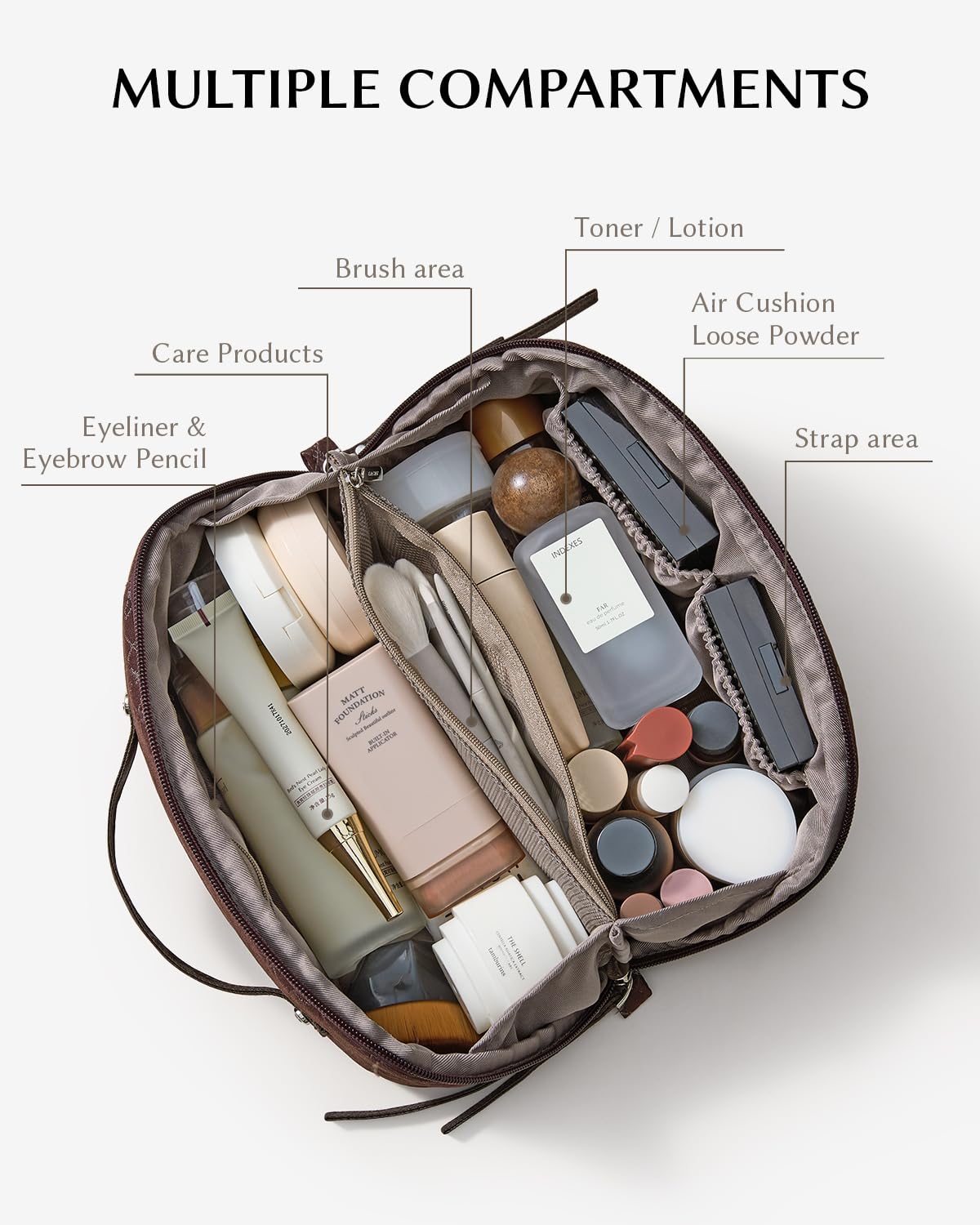 EACHY Travel Makeup Bag, Large Toiletry Bag for Women, Flat-Opening Organizer Pouch with Compartments