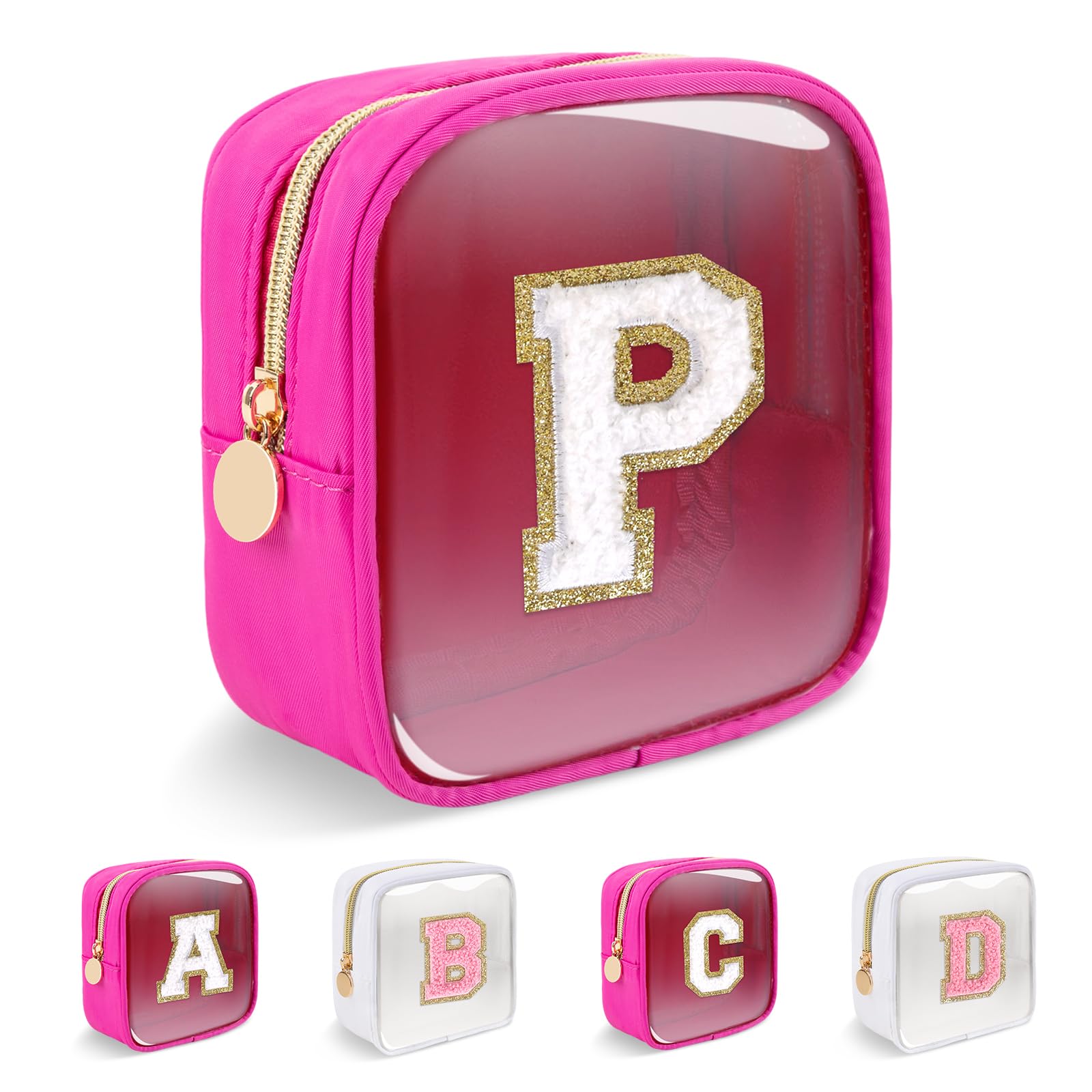 Personalized Initial Letter Clear Preppy Makeup Bag,Mini Nylon Chenille Letter Cosmetic Bag Cute Zipper Pouch Coin Purse for Teen Girls,Portable TSA Approved Travel Essentials Bag Gift for Women,P