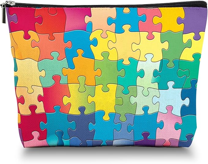 Scribesense Makeup Bag Travel Cosmetic Bags Small Makeup Case Waterproof Zipper Pouch for Women Girls 7X9inches - Colorful Puzzle Pieces Pattern