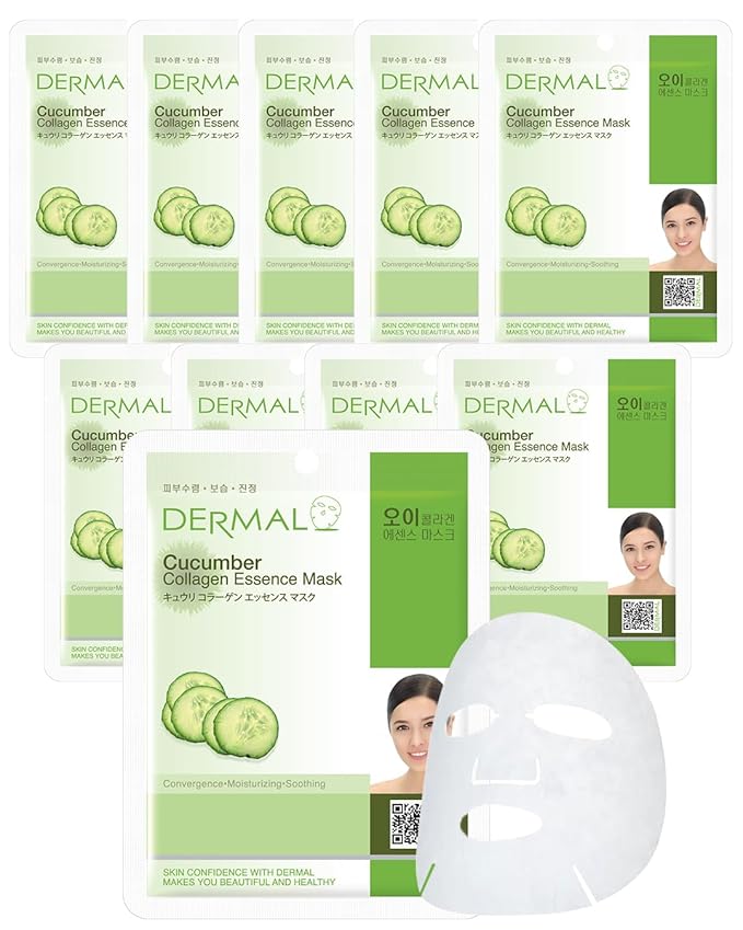 DERMAL Cucumber Collagen Cooling Sheet Mask, Soothing Hydration, 10 Pack