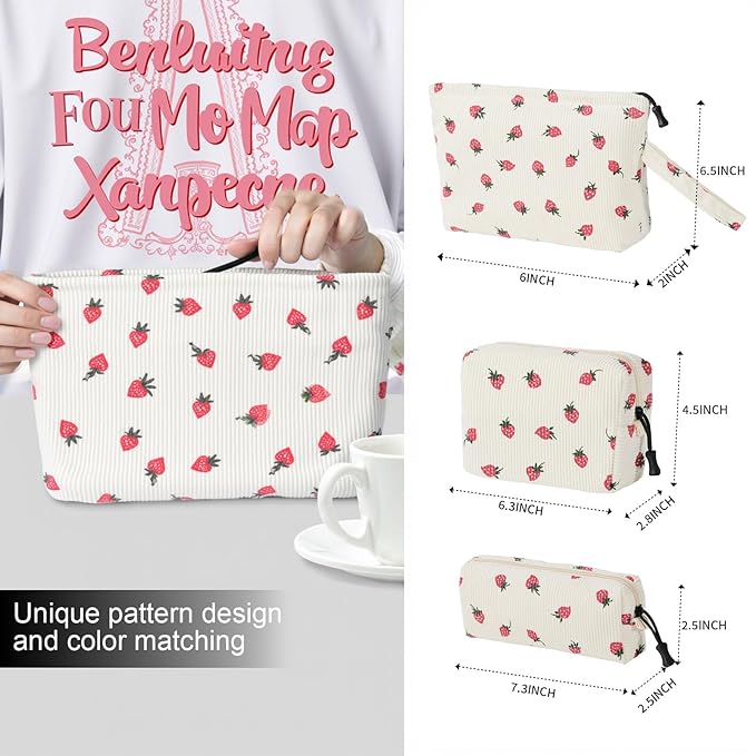 ZOEMTIU Small Cosmetic Bag set for Women Corduroy Makeup Bag with Interior Pocketes Cute Corduroy Makeup Pouches Women Small Toiletry Bag