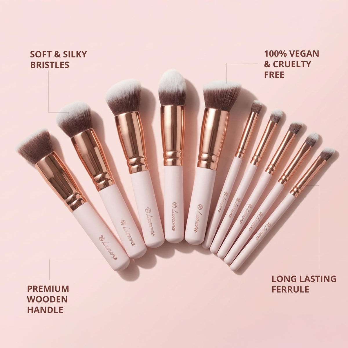 Lamora Kabuki Makeup Brush Set - 10 Essential Face, Eye, Precision Brushes