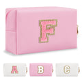 Small Personalized Initial A-Z Preppy Patch Makeup Bag,PU Chenille Letter Travel Cosmetic Pouch with Zipper,Blue Cute Toiletry Bag,Gift Ideal for Teen Girls Women Teacher Bridesmaid,Letter F