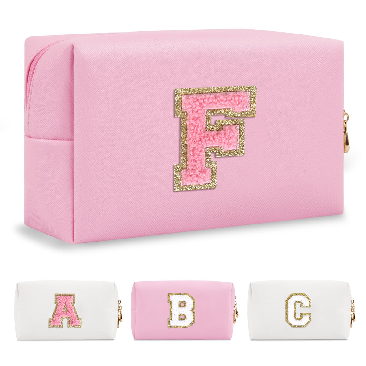 Small Personalized Initial A-Z Preppy Patch Makeup Bag,PU Chenille Letter Travel Cosmetic Pouch with Zipper,Blue Cute Toiletry Bag,Gift Ideal for Teen Girls Women Teacher Bridesmaid,Letter F