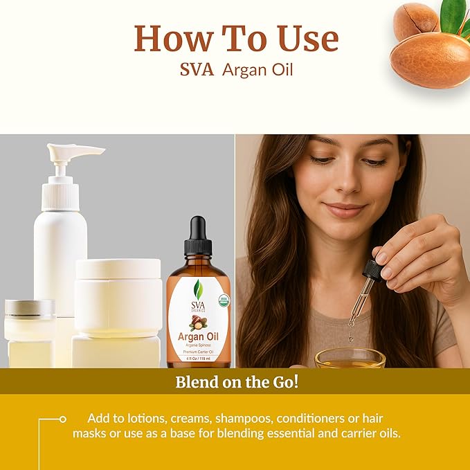 SVA Organic Argan Carrier Oil, Glass Bottle with Dropper, 4 Fl Oz (118 ml)