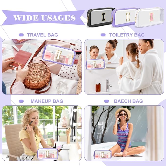 UIXIZQ Personalized Initial Letter Clear Makeup Bag,Preppy Small Nylon&PVC Cosmetic Zipper Bag with Chenille Letter,Travel Skincare Toiletry Bag,Monogram Christmas Gift for Teen Girls Women,I