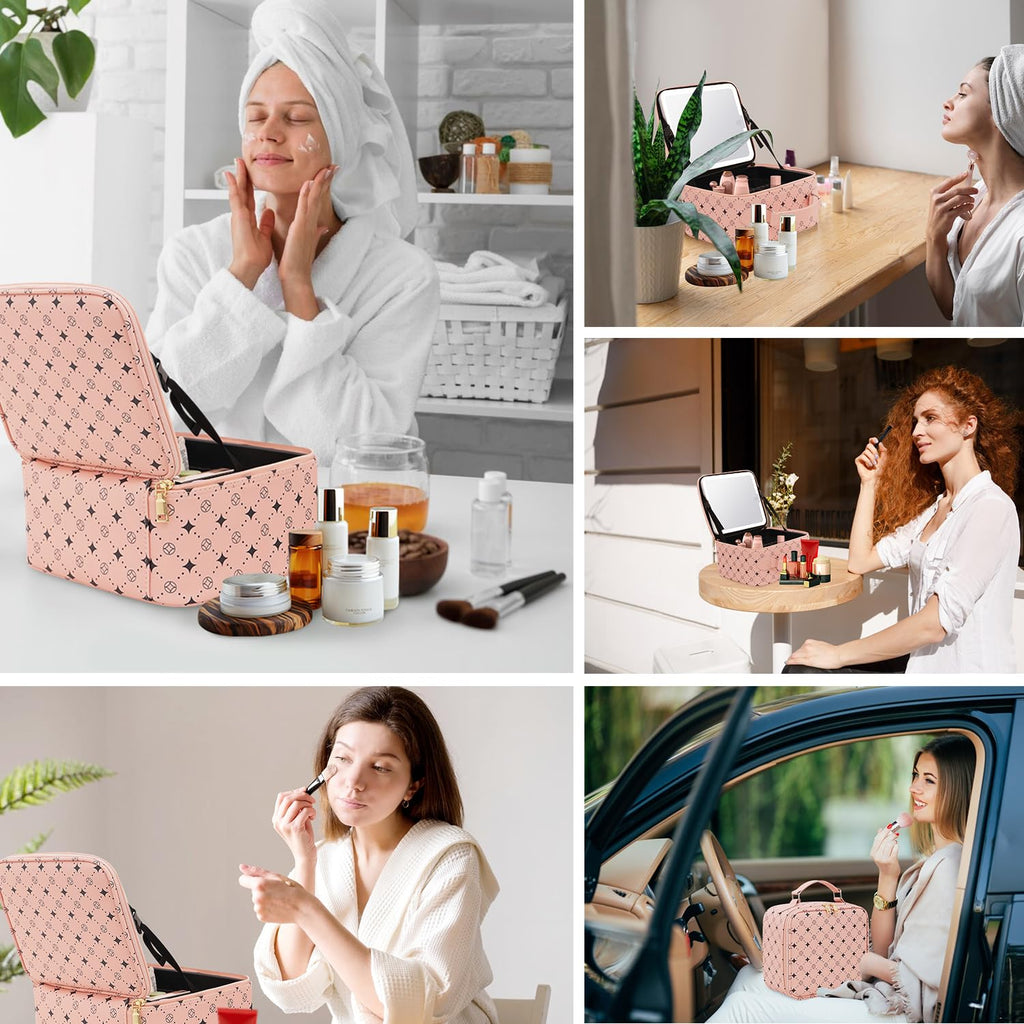 M Y U R E N Travel Makeup Bag With 360° rotating LED Mirror,Waterproof cosmetic organizer,Portability Cosmetic case,Makeup organizer,Gift for Women,Girls Gift (Pink)