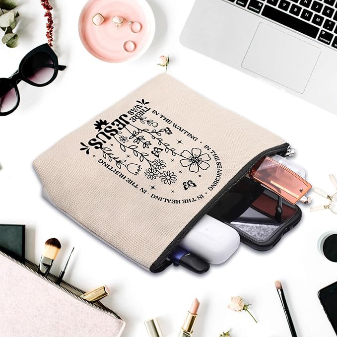 CEASQVAA Boho Floral Christian Makeup Bag, Christian Gifts for Women, Bible Stuff Prayer Supplies, There Was Jesus Cosmetic Bag Pouch