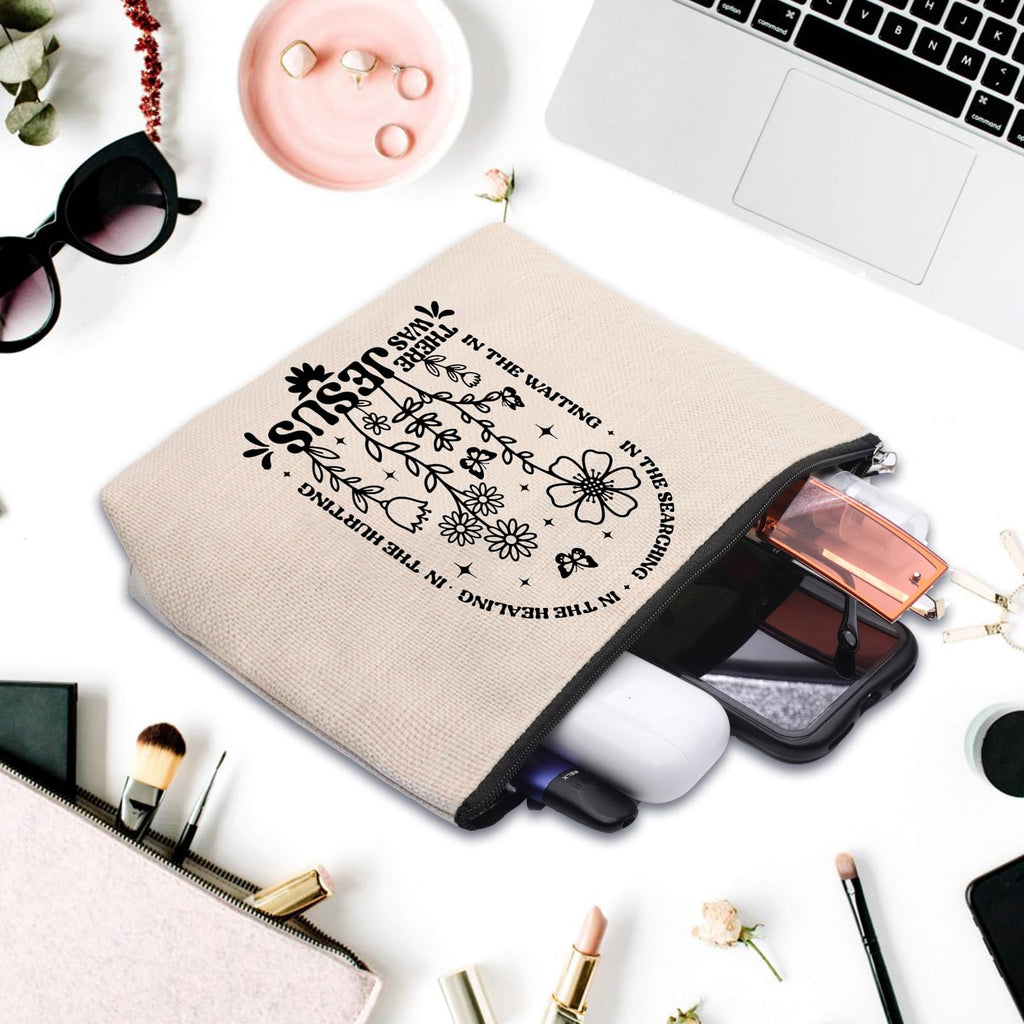 CEASQVAA Boho Floral Christian Makeup Bag, Christian Gifts for Women, Bible Stuff Prayer Supplies, There Was Jesus Cosmetic Bag Pouch