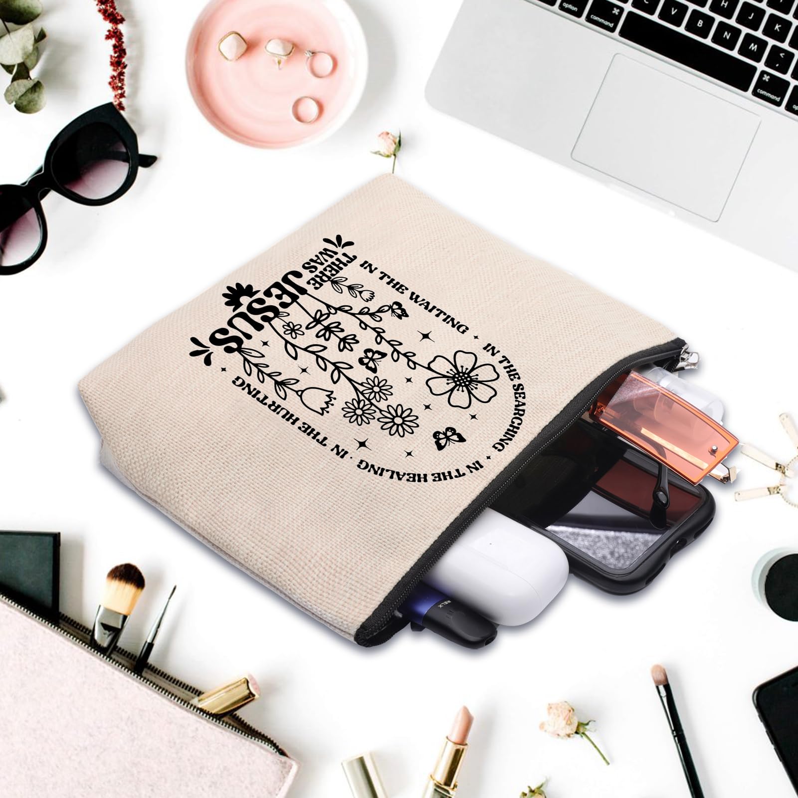 CEASQVAA Boho Floral Christian Makeup Bag, Christian Gifts for Women, Bible Stuff Prayer Supplies, There Was Jesus Cosmetic Bag Pouch