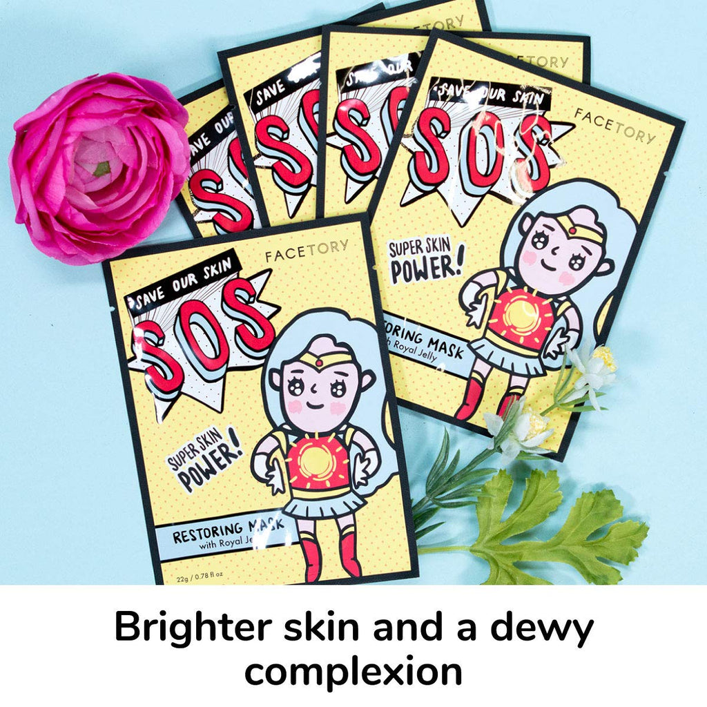 FACETORY K Beauty Face Mask Skin Care - SOS SAVE OUR SKIN RESTORING Sheet Mask with Royal Jelly & Aloe | De-Stress, Dewy Skin (10 Pack)