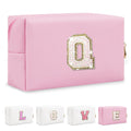 Small Personalized Initial A-Z Preppy Patch Makeup Bag,White PU Chenille Letter Travel Cosmetic Pouch with Zipper,Cute Toiletry Bag,Gift Ideal for Teen Girls Women Teacher Bridesmaid,Letter Q