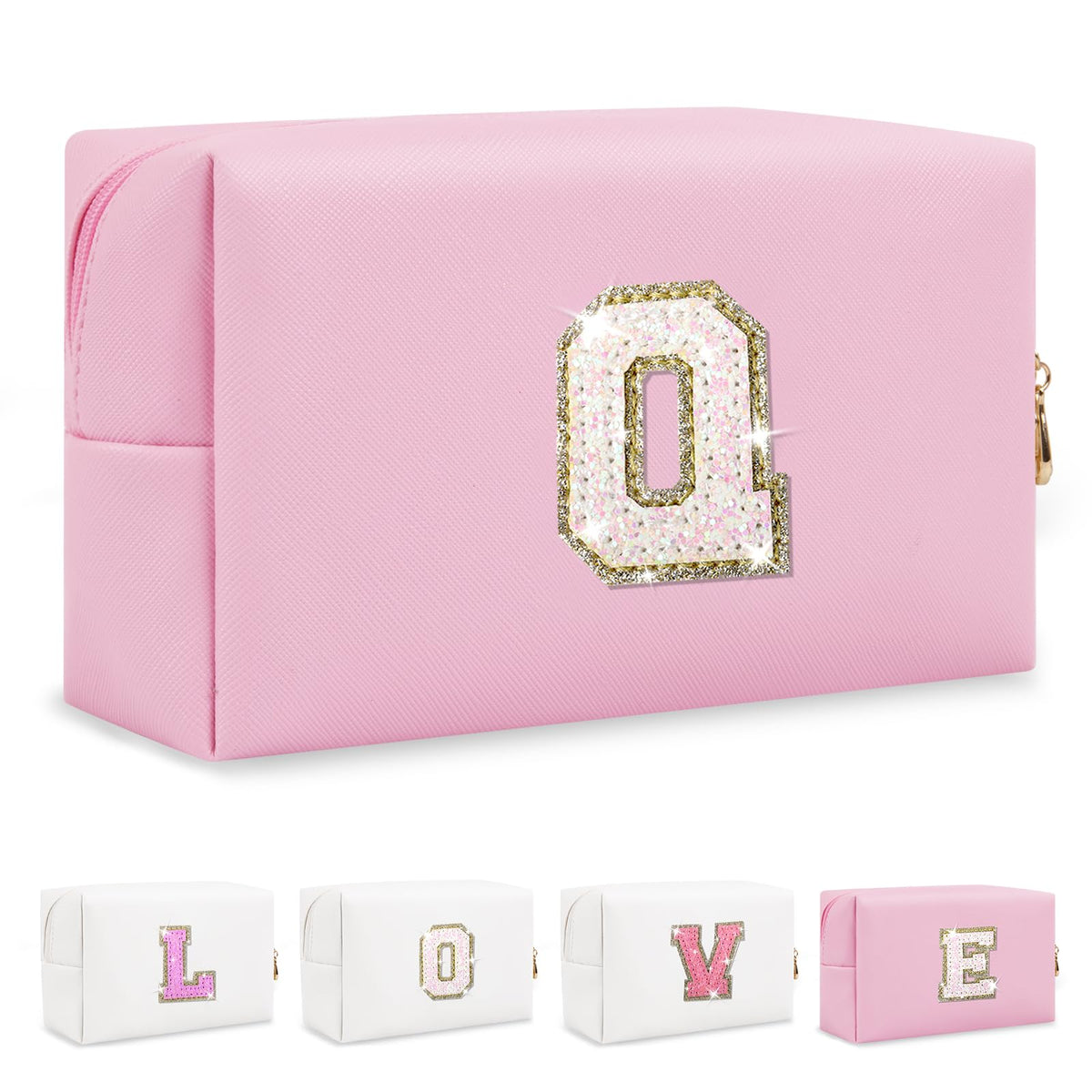 Small Personalized Initial A-Z Preppy Patch Makeup Bag,White PU Chenille Letter Travel Cosmetic Pouch with Zipper,Cute Toiletry Bag,Gift Ideal for Teen Girls Women Teacher Bridesmaid,Letter Q