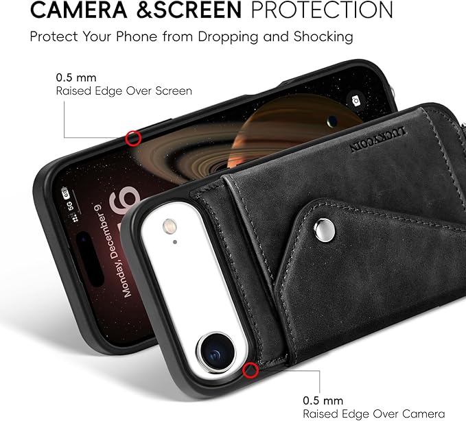 LUCKYCOIN Crossbody Phone Case for iPhone Air,100% Genuine Leather Phone Wallet Case for Women,Fashion Premium Hands-Free Phone Purse with Expandable Flip Card Holder & Adjustable Strap - Retro Black