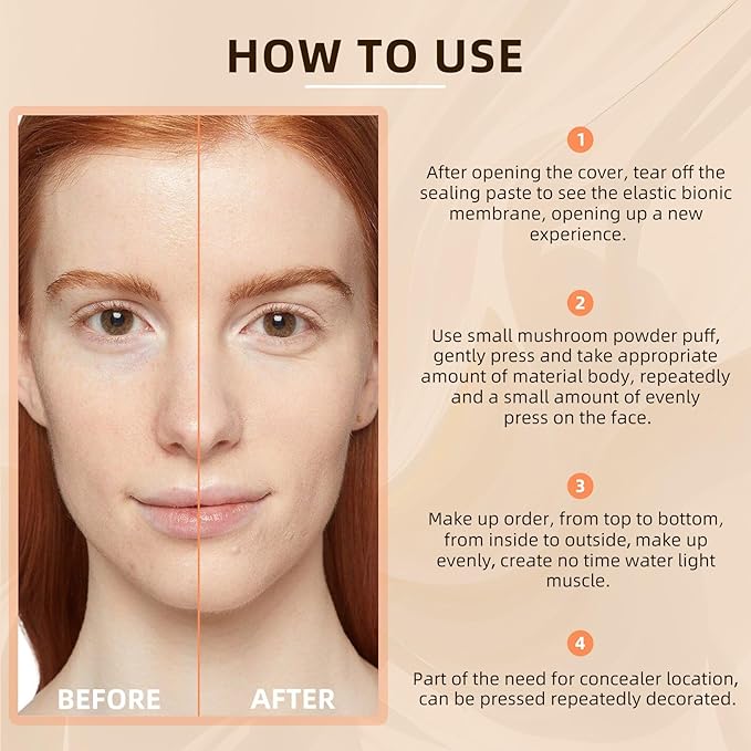 Air Cushion CC Cream Mushroom Head Foundation, Full Coverage Self Adjusting Concealer Vegan Formula Sweat-Proof, Matte Concealer Easy to Use (Deep)