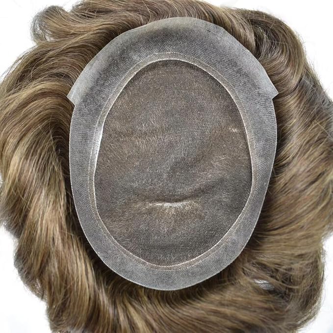 FACE MIRACLE Hair System for Men French Lace Mens Toupee Human Hair Replacement System Lace with PU Toupee for Men Male Hair Piece Wigs 6"X8" 5#MEDIUM LIGHT BROWN
