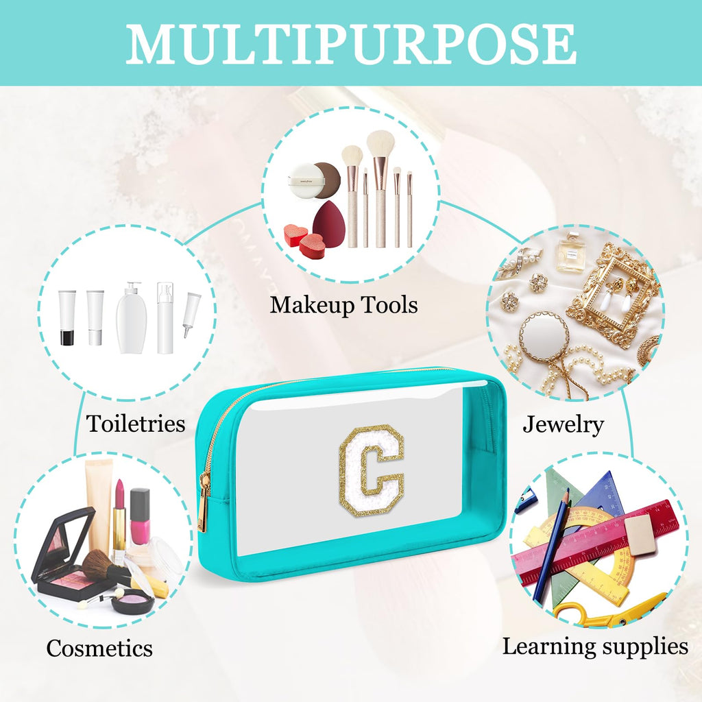 Small Clear Personalized Initial Makeup Bag,Nylon Preppy A-Z Chenille Letter Patch Cosmetic Pouch Beach Toiletry Bag,Waterproof Zipper Travel Purse Storage Bag Organizer for Women Girls(Cyan-White C)