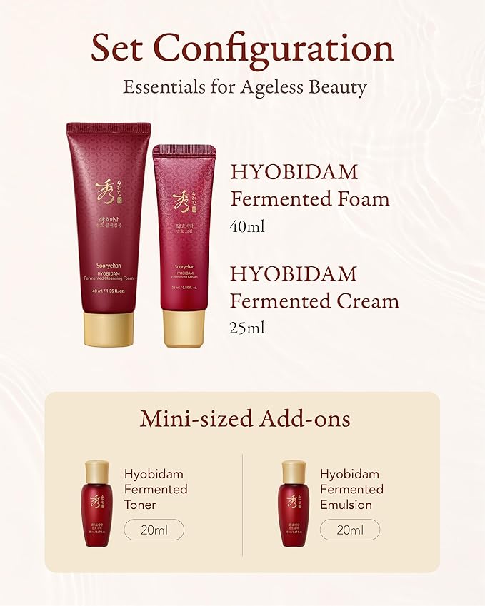 Sooryehan Hyobidam Fermented Skincare Trial Kit (Pack of 4) - Korean Skincare Miniature Set: Toner, Emulsion, Cream & Cleansing Foam - Hydration & Elasticity, Travel Size Gift Set
