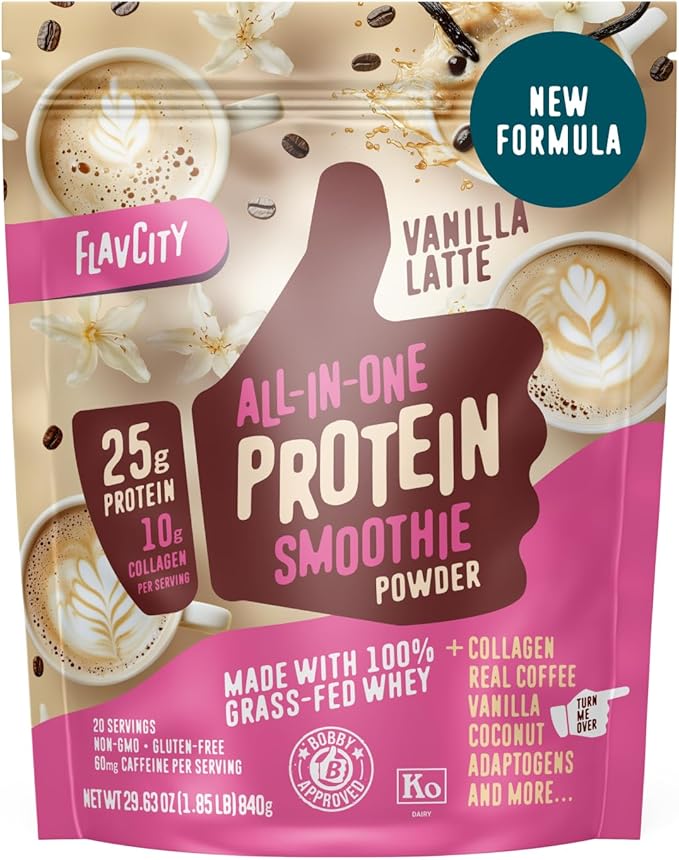 FlavCity All in One Protein Shake Powder, Vanilla Latte - 60mg Caffeine + Collagen Peptides, Reishi & Cordyceps - Focus, Skin, Hair & Joint Support - 100% Grass Fed Whey, 20 Servings