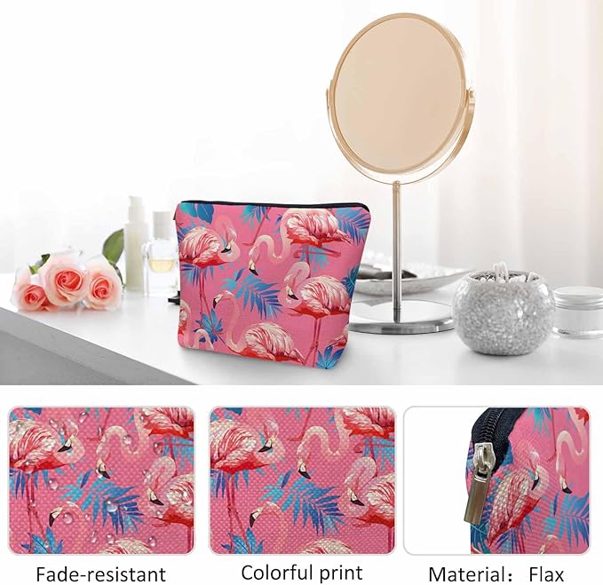 Kalygon Flamingo Makeup Bag For Women, Adorable Cosmetic Pouch With Tropical Leaves Palms Pattern, Pink Zipper Travel Toiletry Organizer For Gym and Bathroom