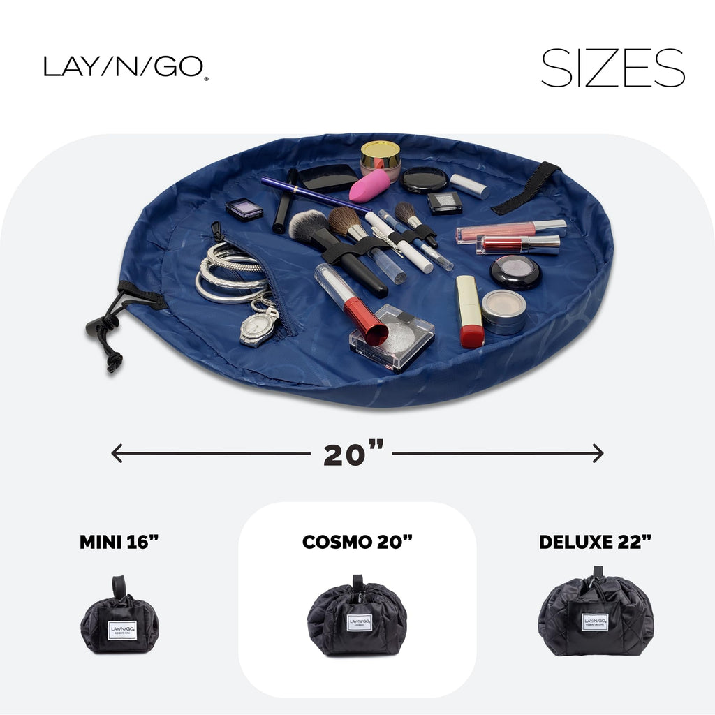 Lay-n-Go Cosmo Layflat Drawstring Cosmetic & Makeup Bag Organizer w/Zipper Pocket, Brush Loops & More, Cinch to Close, Lay Flat to Use, Durable, Machine Wash, Travel Toiletry Bag (20", Navy)