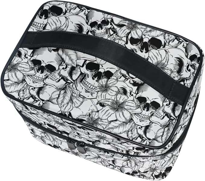 MNSRUU Goth Skull Makeup Bag, Gothic Skull Flowers Makeup Organizer Bags Toiletry Bag Box Travel Cosmetic Bag Make Up Train Case for Women Teen Girl Ladies