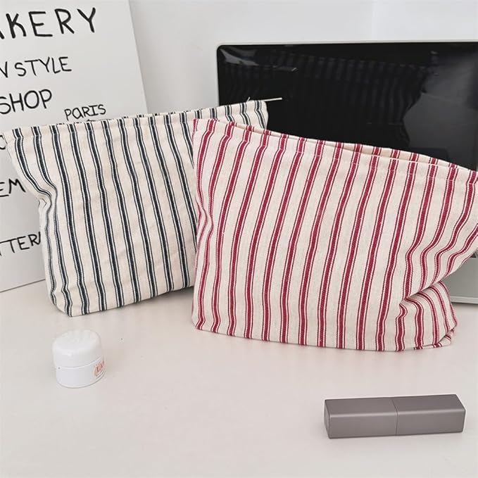 Flat Makeup Bag for Women,Zipper Cosmetic Pouch Purse,Vintage Stripe Red
