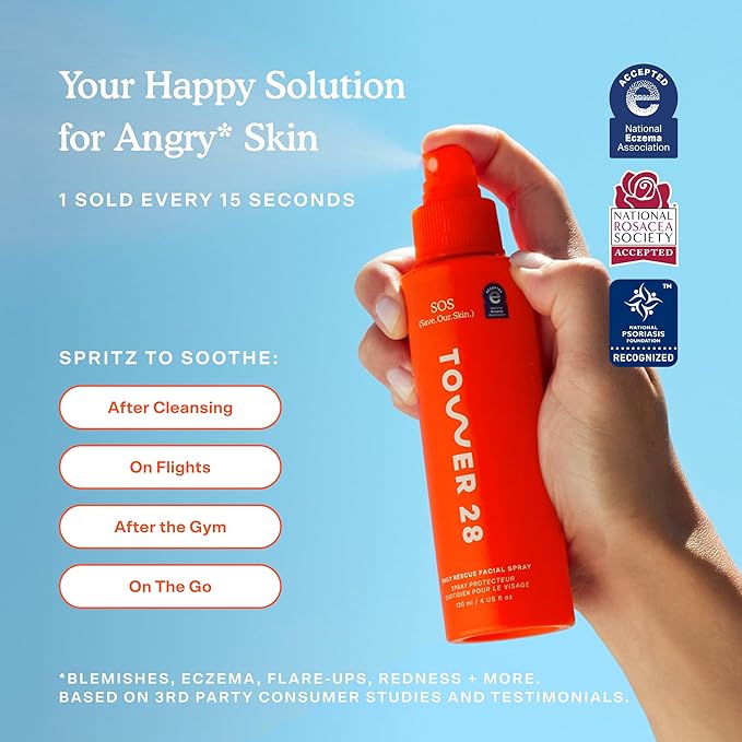 Tower 28 SOS Daily Rescue Facial Spray for Sensitive Skin, Hypochlorous Acid Spray Helps Reduce Redness and Breakouts, Full Size Toner for Face, 4 FL Oz