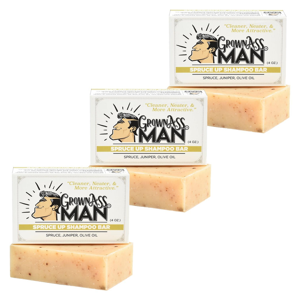 Grown Ass Man Co. - Solid Shampoo Bar Rich Lather 3 in 1: Hair, Beard & Body Wash - Plastic Free & Eco-Friendly, Natural & Organic for All Hair Types, 4oz Bar (Spruce Up, 3-Pack)